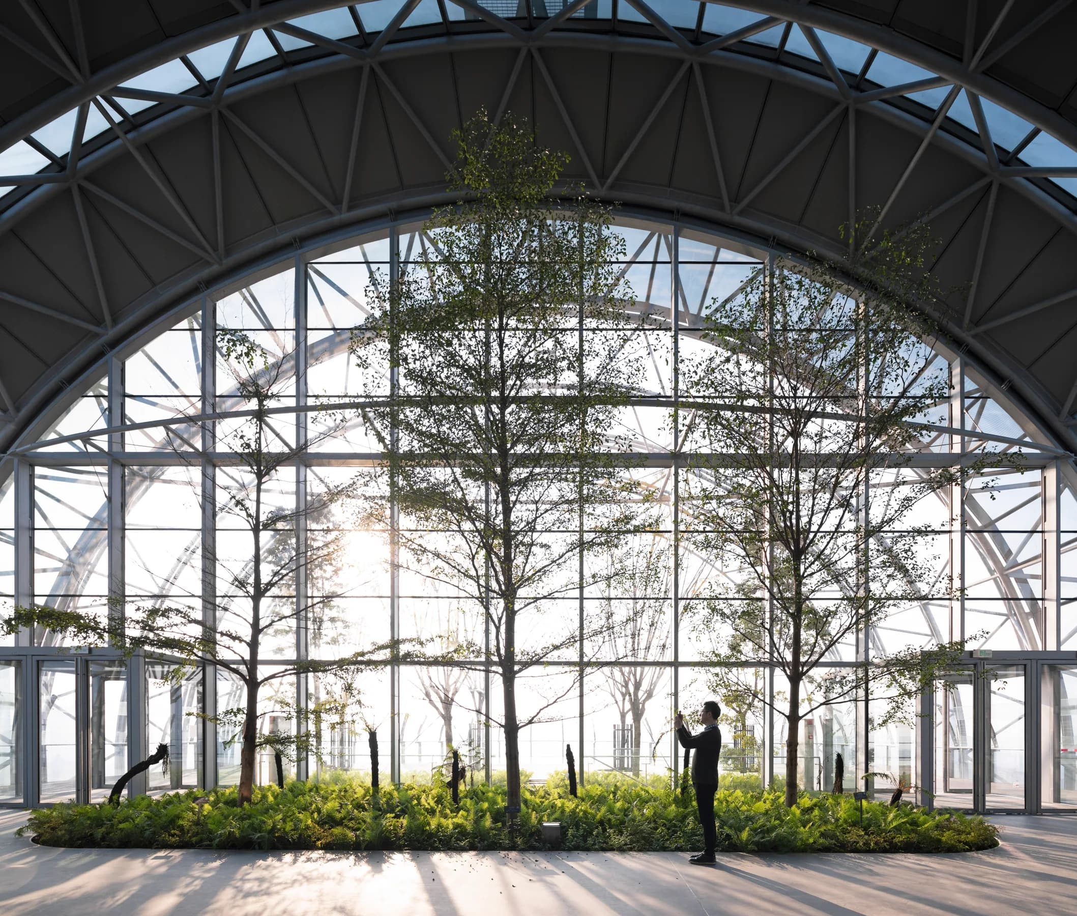 Raffles City Chongqing: The Crystal içindeki ağaçlı cep parkı ve gün ışığı alan taşıyıcı sistem